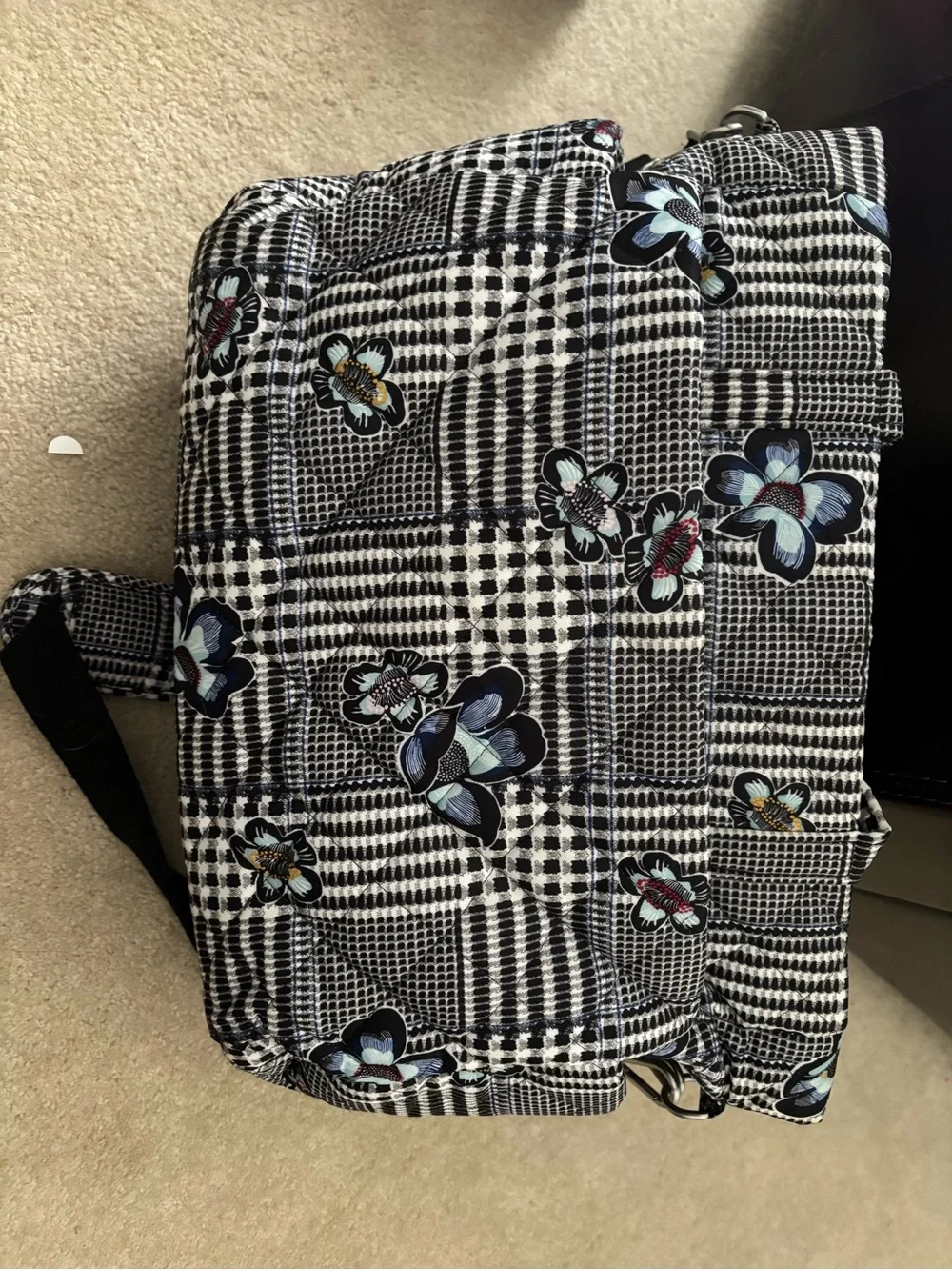 Vera Bradley Black & White Plaid Quilted Tote with Blue Floral Accents
